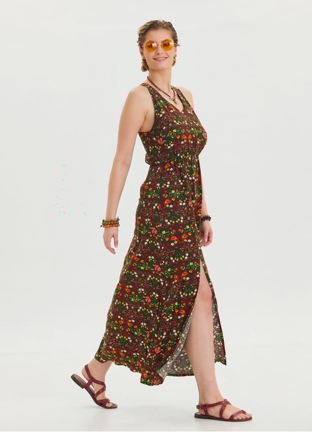 V Neck Slit Green Floral Dress 4643